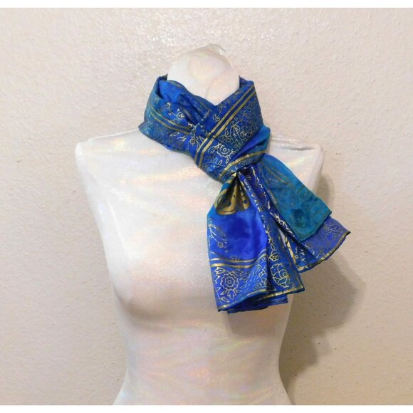 Accessories - Silk Wrap Made In Bursa 16" X 53" Rectangular Scarf Blue Gold Pattern Design